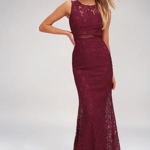 Lulus Music of the Heart Burgundy Lace Maxi Dress Sz Large